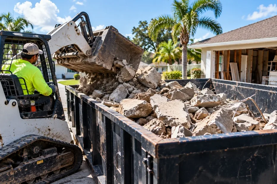 Worker loading heavy concrete demolition debris into a roll-off dumpster at a residential property in Kissimmee.