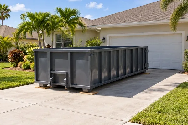 Gray roll-off dumpster on protective wooden boards in a residential driveway beside palm trees.