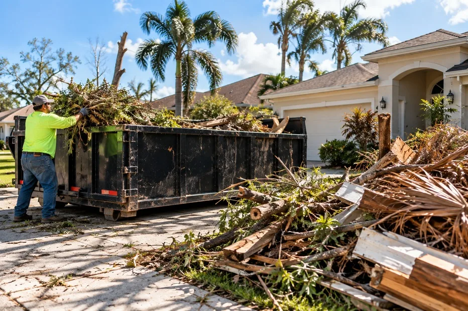 Worker loading storm-damaged branches and yard debris into a roll-off dumpster outside a Kissimmee home after severe Florida weather.